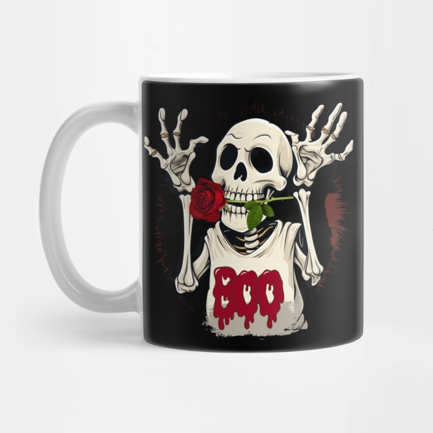 Funny Halloween Skeleton With a Red Rose In Its Mouth by Positive Designer